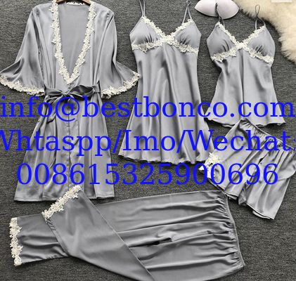 European and American sexy five-piece pajamas female summer sleeves bride morning robe plus size home service nightgown